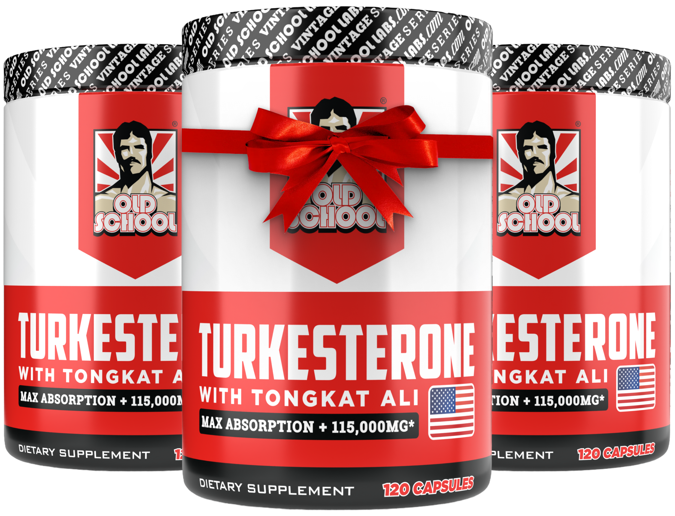 Three bottles of dietary supplement labeled 'Turkesterone with Tongkat Ali' by Old School.