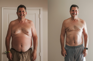 Man showing weight loss transformation in two side-by-side photos, before and after.