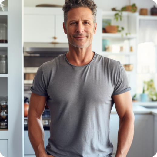 A man in a gray shirt standing in a bright kitchen.