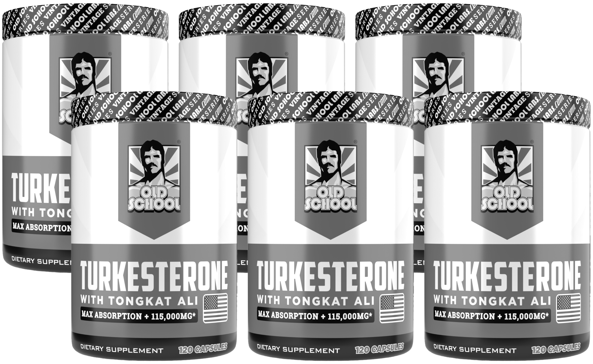 Bottles of Old School Labs Turkesterone dietary supplement with Tongkat Ali.