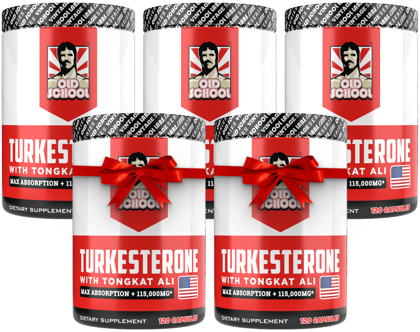 Bottles of Old School Turkersterone dietary supplement with Tongkat Ali, featuring a red and black design.