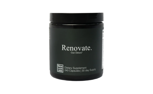 A jar of Renovate Gut Detox dietary supplement.