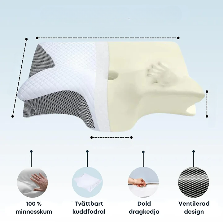 Memory foam pillow with washable cover, hidden zipper, and ventilated design.