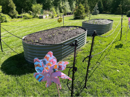 Two raised garden beds with a colorful pinwheel in a grassy yard.
