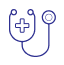 Stethoscope with a cross symbol on the chest piece in blue outline.