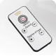 Remote control with buttons labeled for various functions.