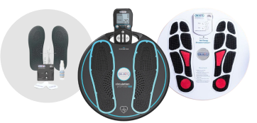 Three foot massager devices with different designs and features displayed.