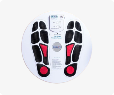 Foot therapy pad with outlined soles and dark patches for stimulation.