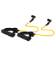Yellow resistance bands with black handles on a white background.