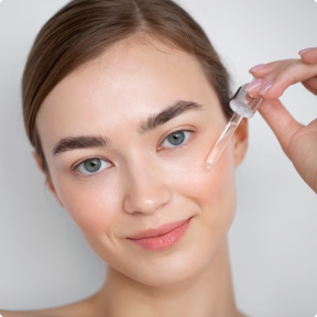 Woman applying face serum with a dropper.