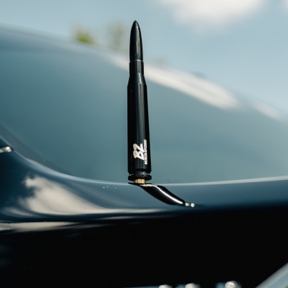 Black bullet-shaped car antenna mounted on a sleek vehicle under blue sky.