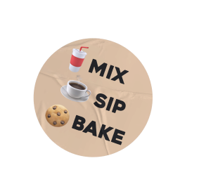 Circular design with drink, coffee, cookie, and text 'Mix Sip Bake.'