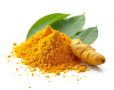 Turmeric powder and root with green leaves on a white background.