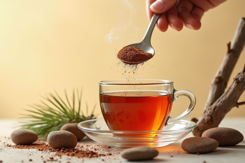 Tea being prepared with spices, surrounded by rocks and pine branches.