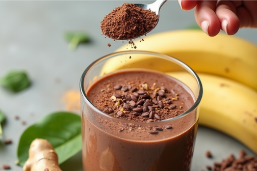 Chocolate smoothie with toppings, surrounded by bananas, spinach, and ginger.