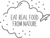 'Cloud-shaped text: 'Eat real food from nature' with a bird outline.'