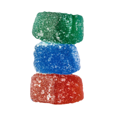 Stacked colorful gummy candies with sugar coating: green, blue, and red.