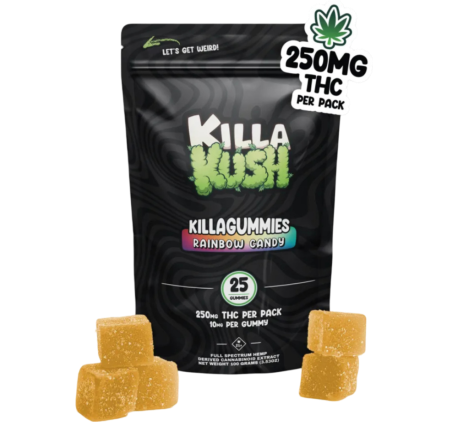 Bag of Killa Kush Rainbow Candy Killagummies with small orange gummies around it.