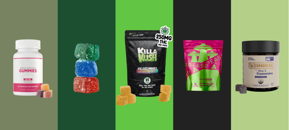 Various cannabis gummy products displayed in colorful packaging.