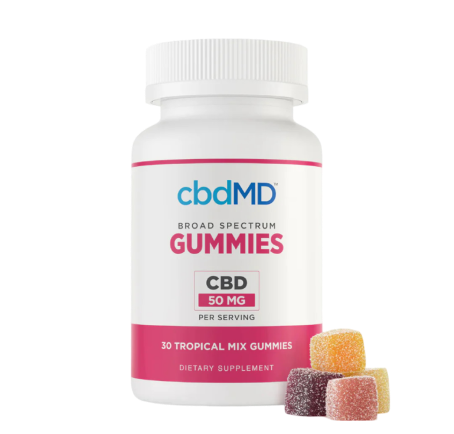 Bottle of cbdMD Broad Spectrum CBD Gummies with assorted gummies beside it.