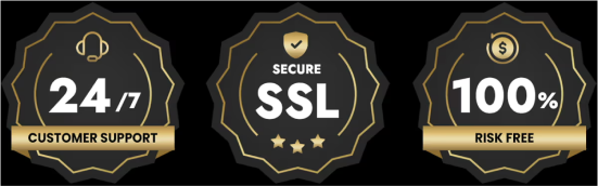 Three security badges for 24/7 support, secure SSL, and 100% risk-free service.